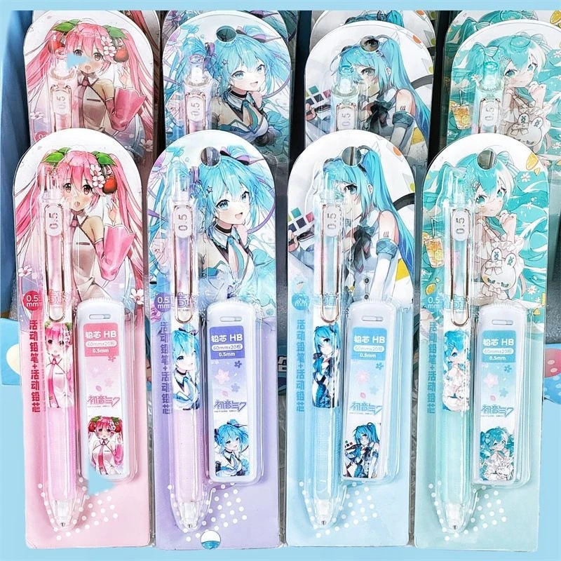 

New Hatsune Miku Anime Kawaii Mechanical Pencil Set Cartoon Cute Miku Writing Drawing Steel Clip Student Activated Pencil Gift