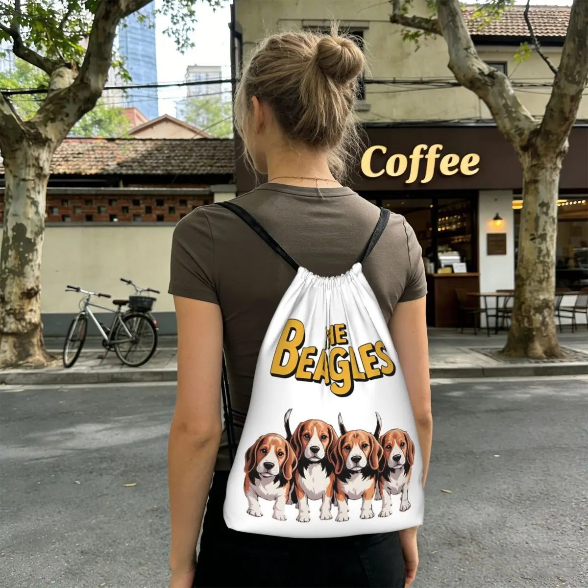 The Beagles Four Beagle Dog Crossing Backpacks Portable Drawstring Bundle Pocket Sports Bag Book Bags for Man Woman School