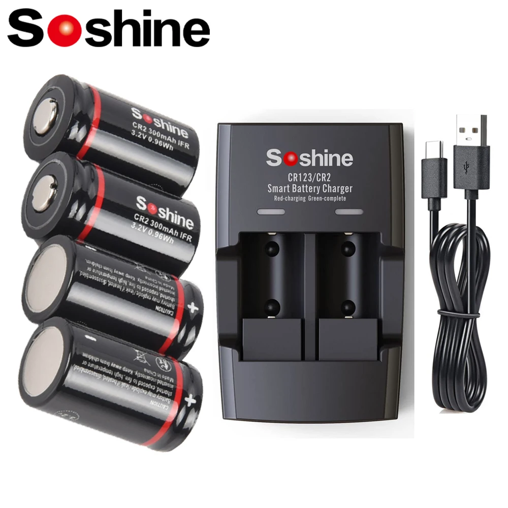 Soshine CR2 15266 300mAh Rechargeable Battery Smart LiFePo4 Charger 3.2V 300mAh LiFePo4 Battery for Rangefinders Smoke Alarms