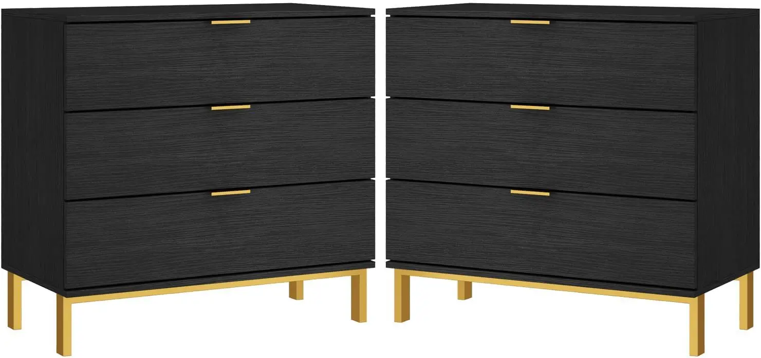 Nightstands Set of 2 Side,  3 Drawer Dresser, Large with Gold Metal Legs, Quality Material,  Multi-use, Assembly Bedside Cabinet