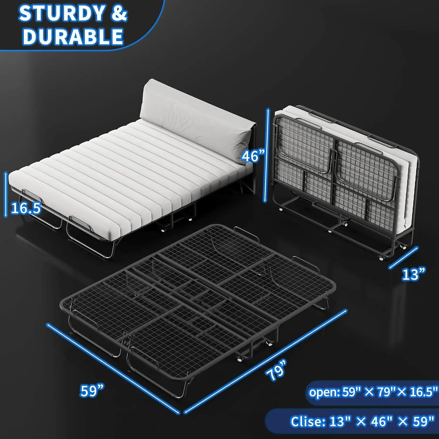 Deluxe Queen Size Folding Bed with Headboard and 5 Inch Memory Mattress, 80