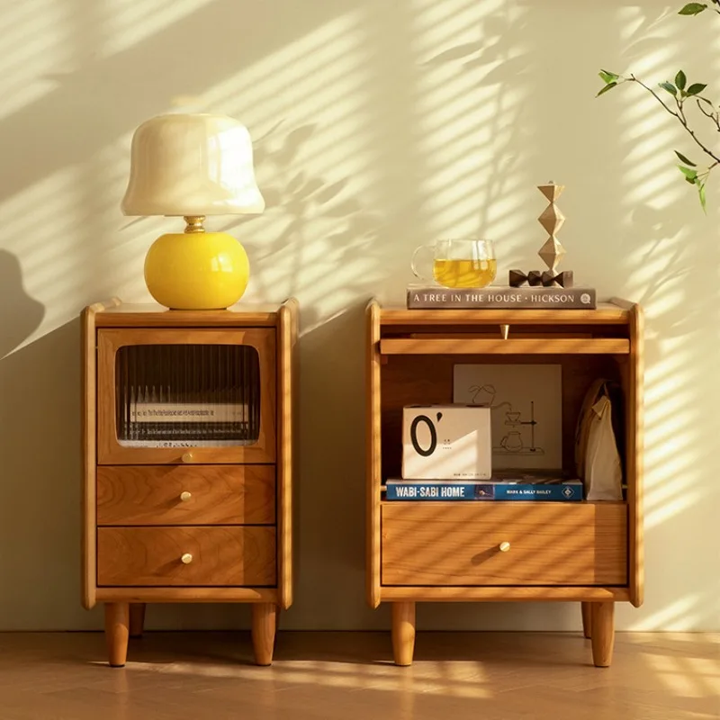 Solid wood bedside table, ultra-narrow small size cherry wood Nordic Japanese simple extremely narrow bedside  cabinet