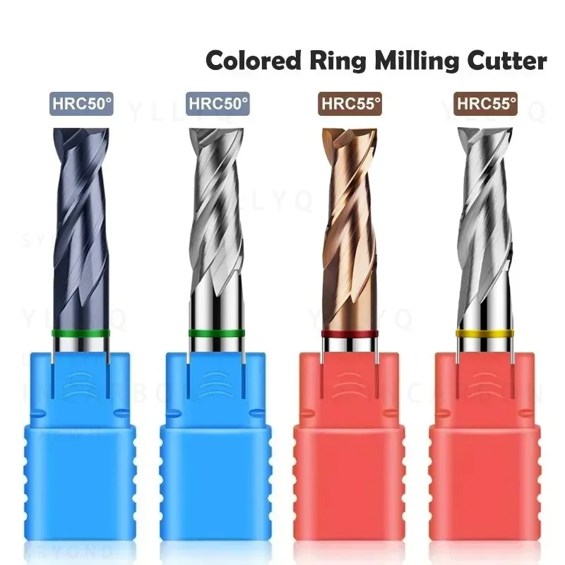 HRC50 HRC55 2-Flute Color Ring Flat End Mill Tungsten Steel Carbide CNC Milling Cutter Mechanical Endmill Tool