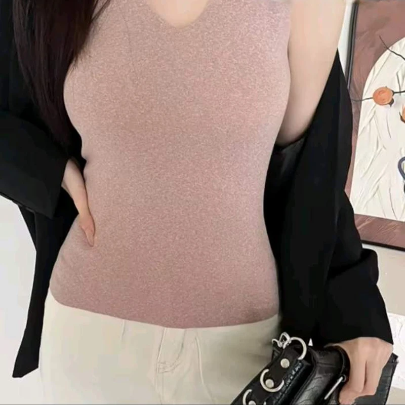 Women's Winter Thermal Underwear Vest Tops Sleeveless Slim Vest Seamless One-piece Brushed V-neck Heated Thermal Underwear