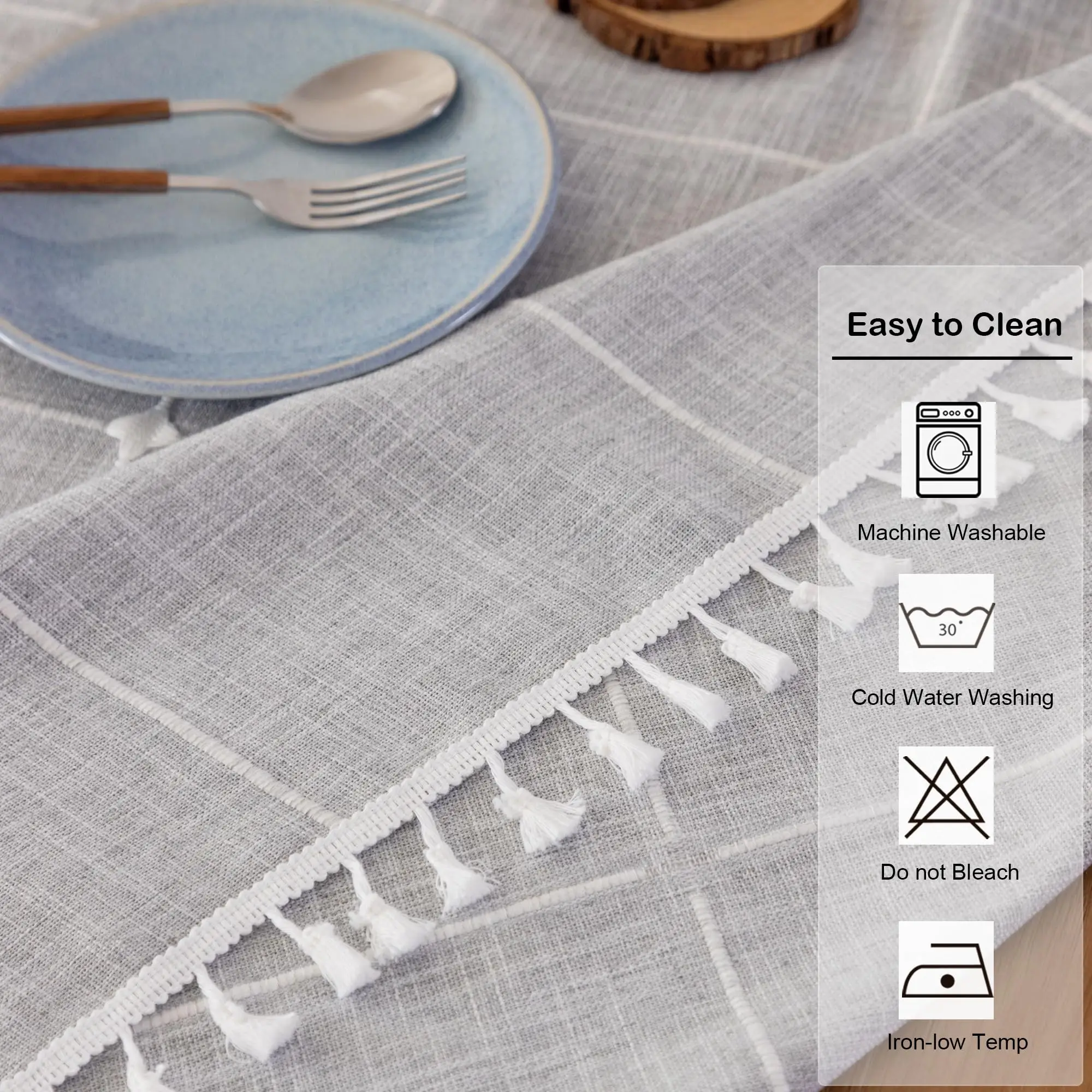 Cotton Linen Round Tablecloth, Boho Washable Plaid Table Cover with Tassels Farmhouse Rustic Table Cloths for Party Wedding 5