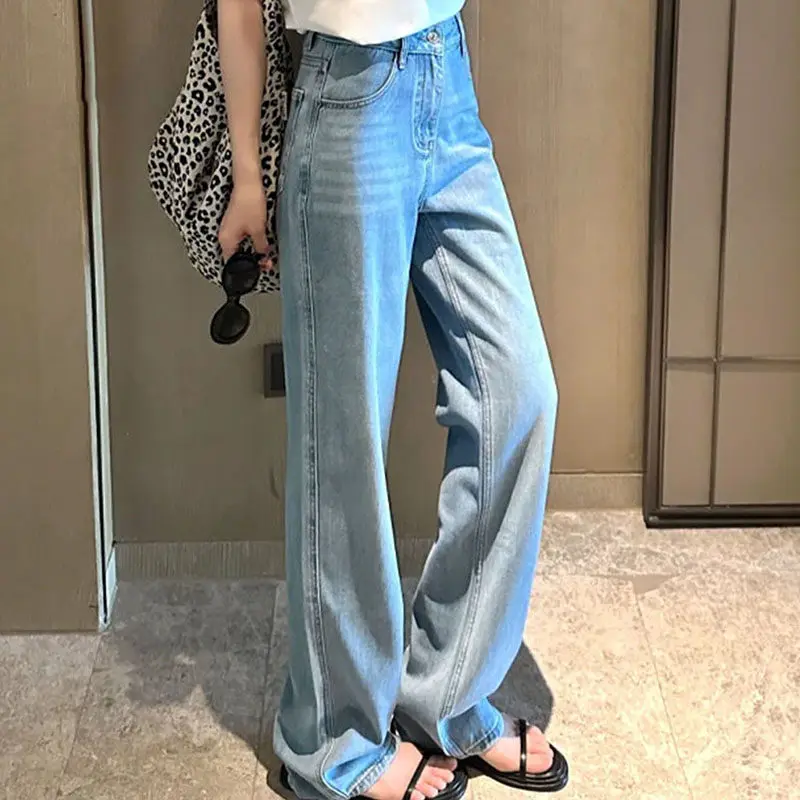 

High Waist Straight Leg Jeans Women's Thin Cotton Elastic Denim Loose Fit Mottled Blue Casual Summer Jeans by Chinese