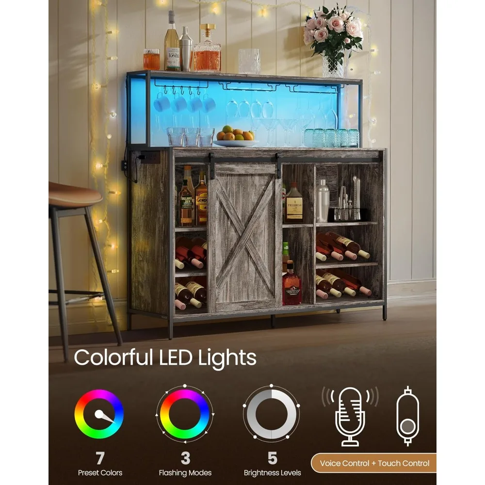 خزانة بار القهوة مع مخرج طاقة وإضاءة LED للتحكم الصوتي، وخزانة بوفيه مع أبواب الحظيرة المنزلقة، وخطافات S، والنبيذ #4