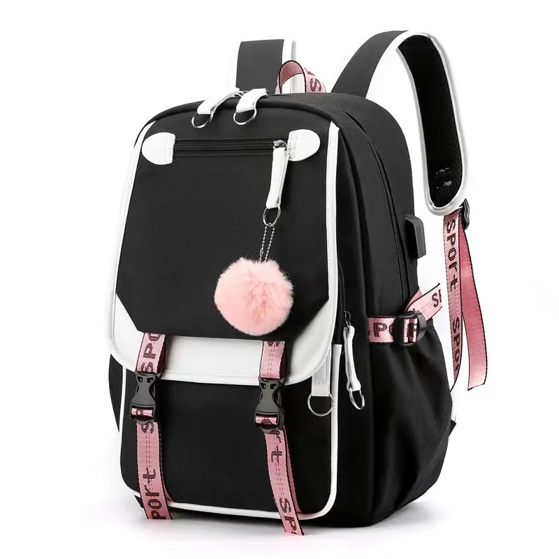 Kuromi-mochilas escolares de retazos USB para mujeres y niñas, moradas, encantadoras bolsas escolares para portátiles para adolescentes, mochila de viaje para viajes