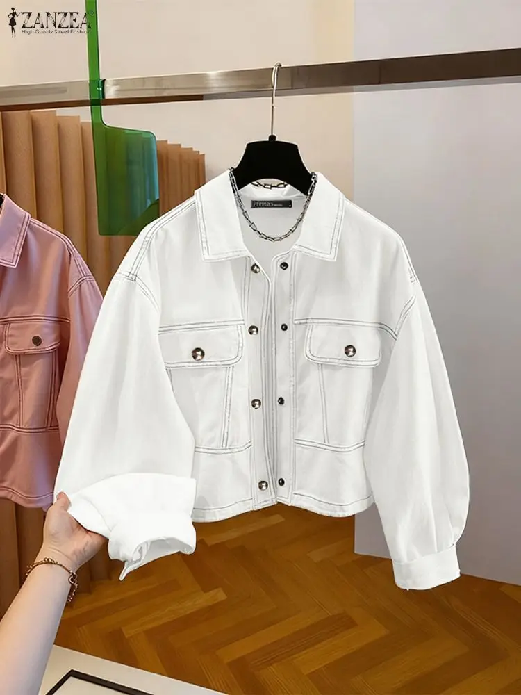 

ZANZEA осенние модные женские короткие куртки с контрастной вышивкой и отложным воротником с длинными рукавами на пуговицах, однотонная верхняя одежда, уличная одежда