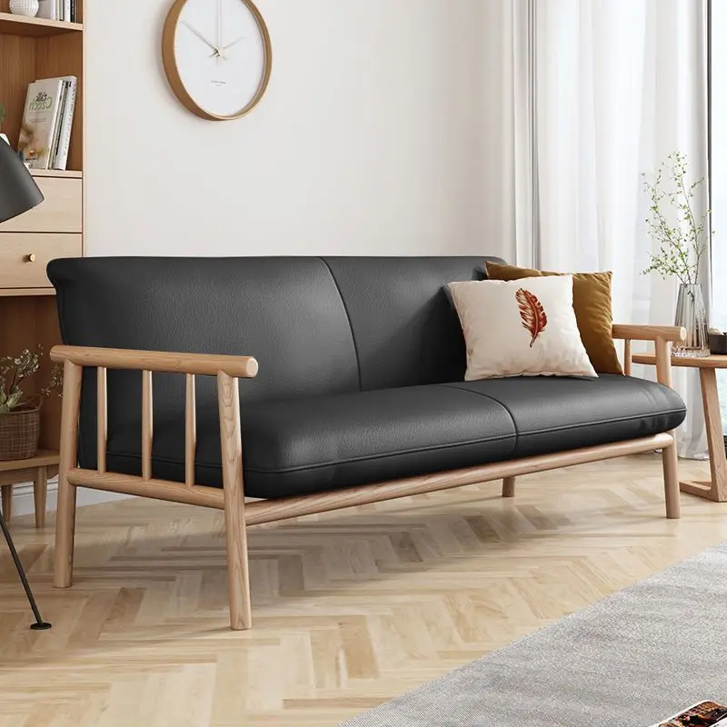 Japanese-style leather art all-solid wood sofa is simple and modern