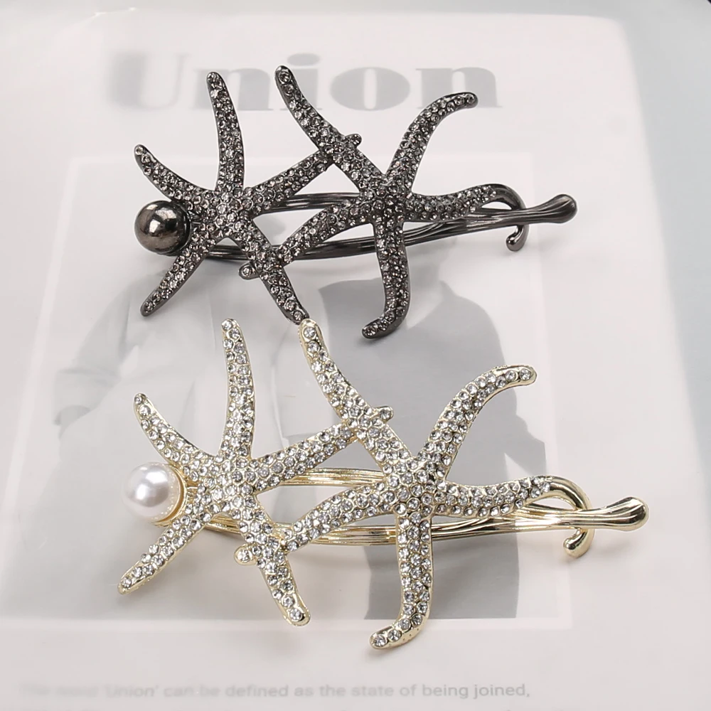 10cm Fashion Rhinestone Double starfish Twist clamp Frog Buckle one Word Clip alloy Hair Clip Back of the head Hair accessories