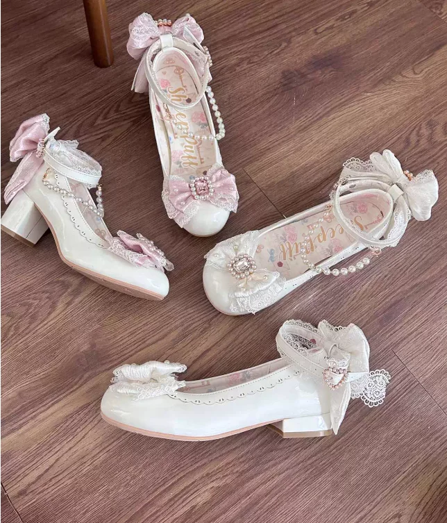 Kawaii giapponese dolce carino tacco alto scarpa singola morbida ragazza Lolita fiocco strass tacco basso medio perla Mary Jane scarpe da donna
