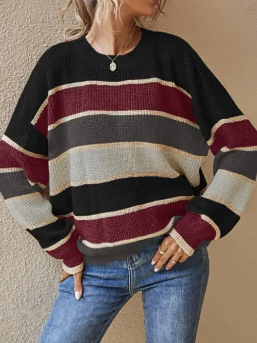 

Fashionable Lazy Style Loose Classic Striped Long Sleeved Knitted Sweater for Autumn and Winter Women's Casual Loose Sweater
