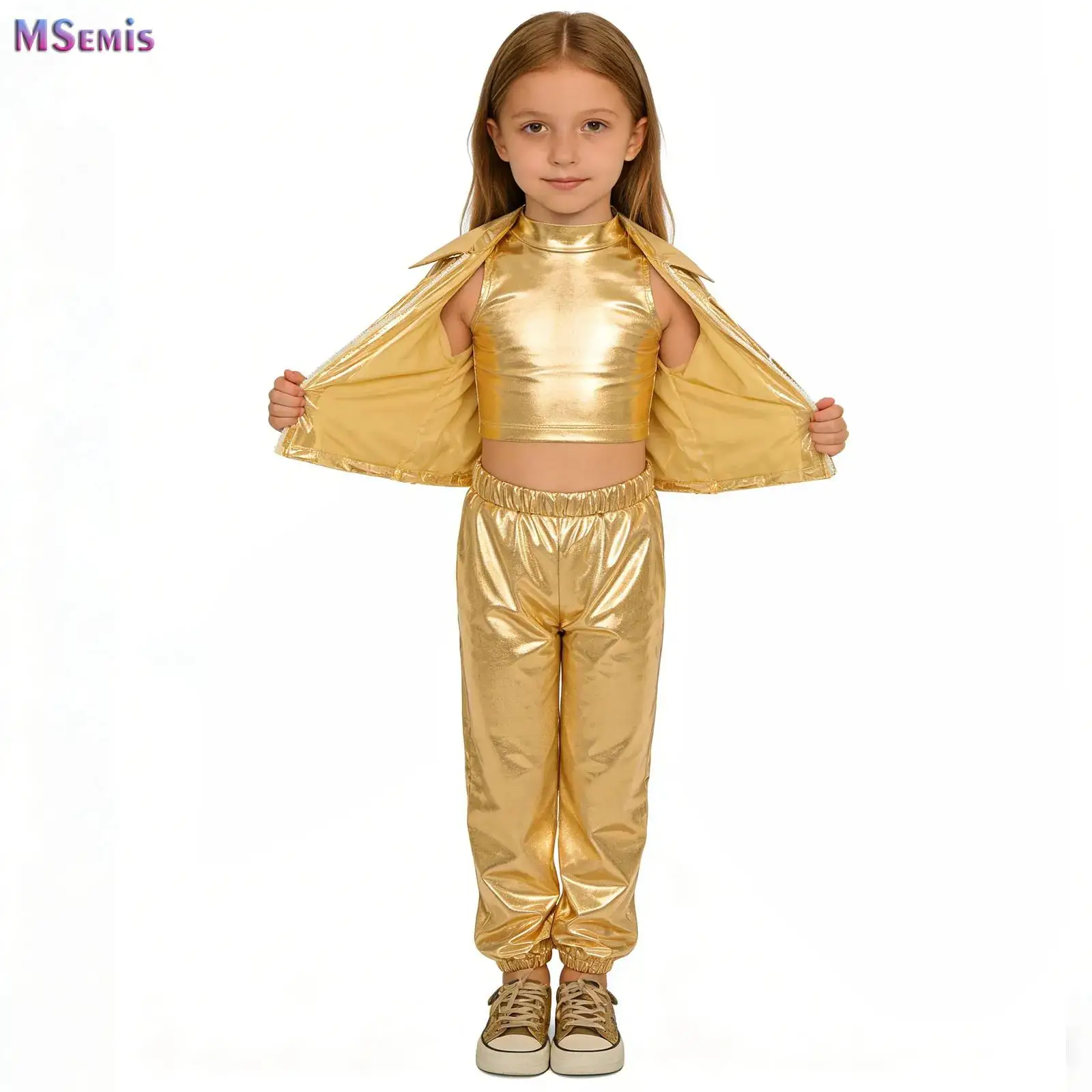 

Kids Metallic Hip-Hop Jazz Dance Set Long Sleeve Zipper Jacket Coat+Vest+Pants Modern Stage Performance Competition Dancewear