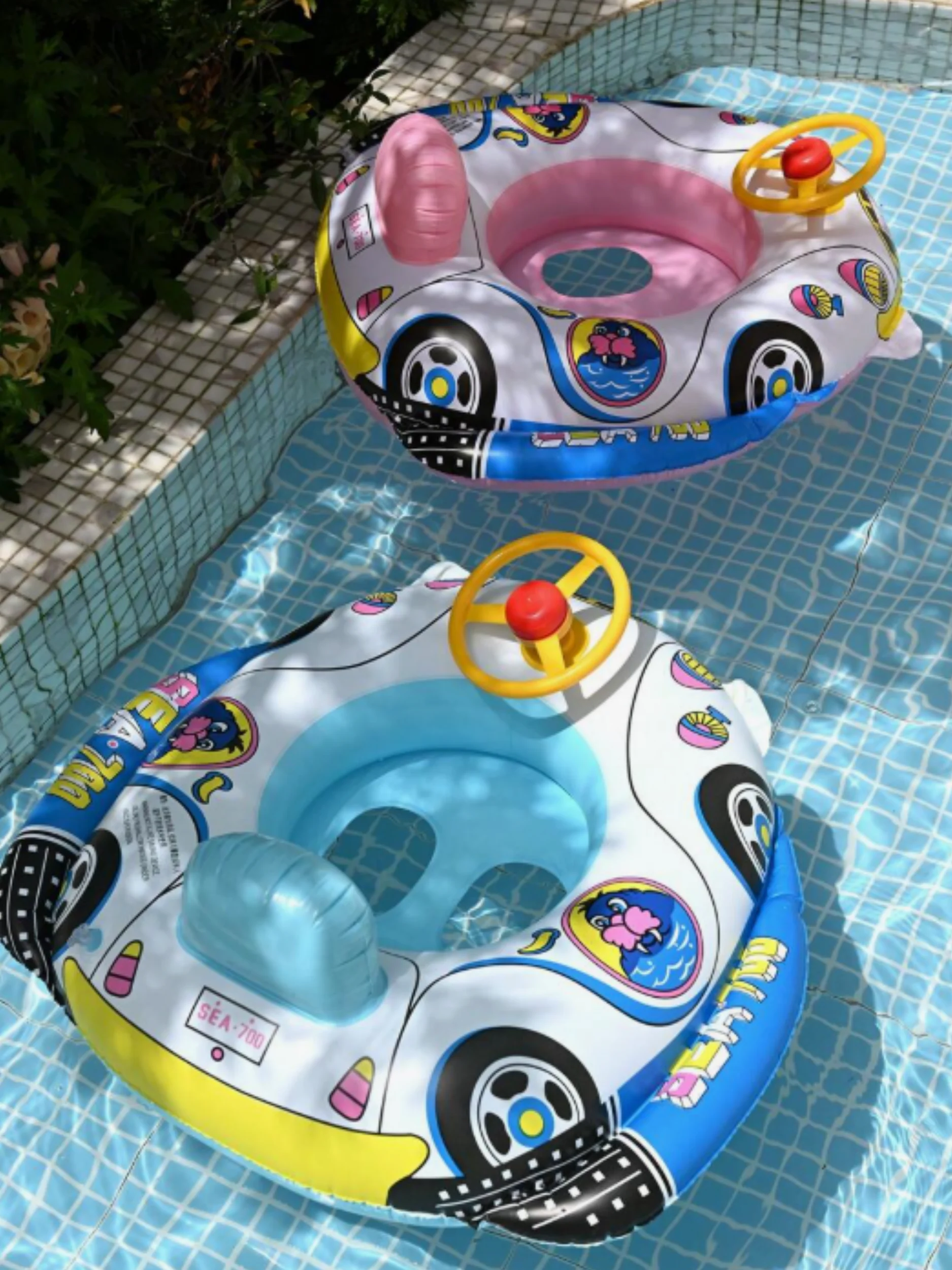 1 قطعة حلقة حمام سباحة للأطفال قابلة للنفخ، حلقة تدريب على السباحة للأطفال الصغار مع مقبض، عوامة حمام سباحة لطيفة على شكل سيارة #2
