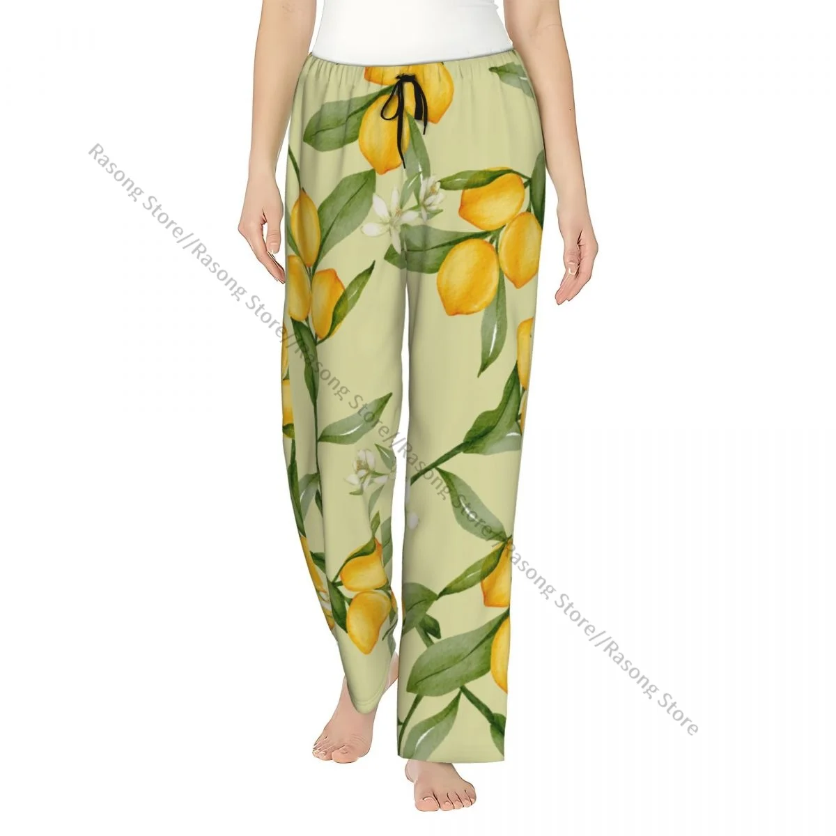 

Lemon Citrus Yellow Fruit Leaves Flannel Pajama Pants for Women Soft Warm Sleep Pants with Elastic Waistband