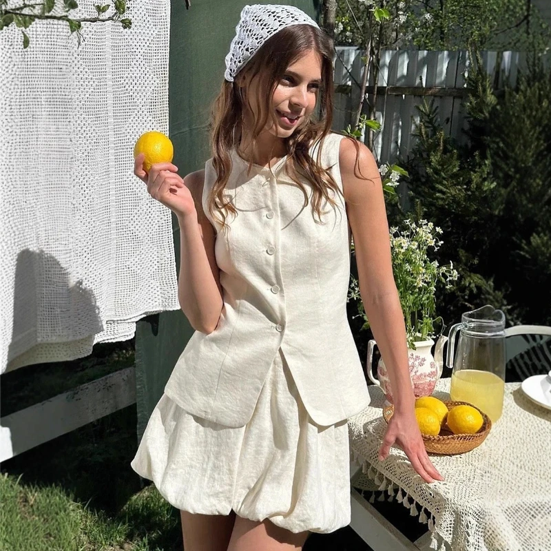 Women's Sleeveless Vest and Mini Skirt Set - Solid Color Suit