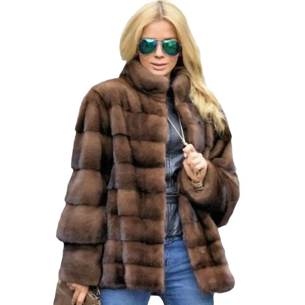 

Brown Women Winter Mink Fur Jacket Stand Collar Side Split Female Artificial Fur Outwear Desinged Chic Lady Eco Fur Coat