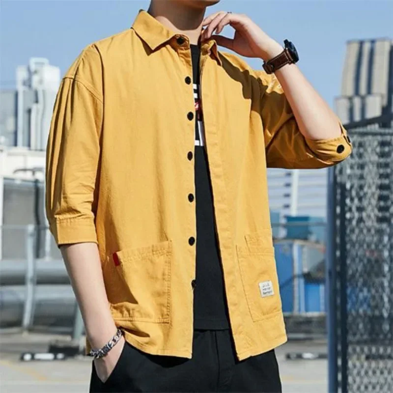 Shirts For Men With Print Yellow Printed Man Shirt Half Sleeve Social Casual Fashion 2024 Cheap Things Vintage Summer Sale