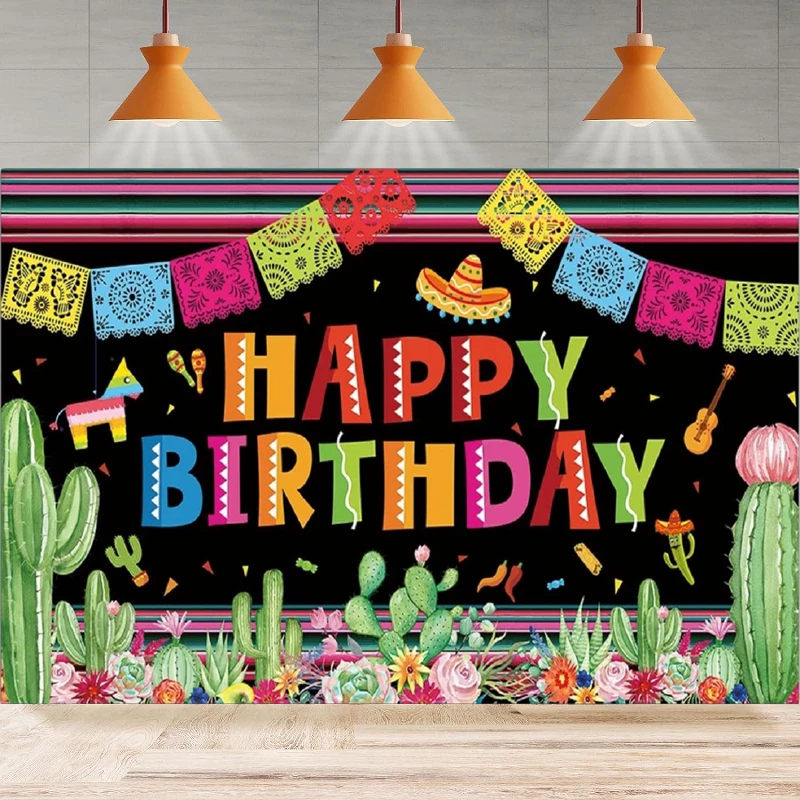 

Photography Backdrop Mexican Fiesta Happy Birthday Mexico Cinco De Mayo Carnival Colorful Background Party Backdrop Wall Banner