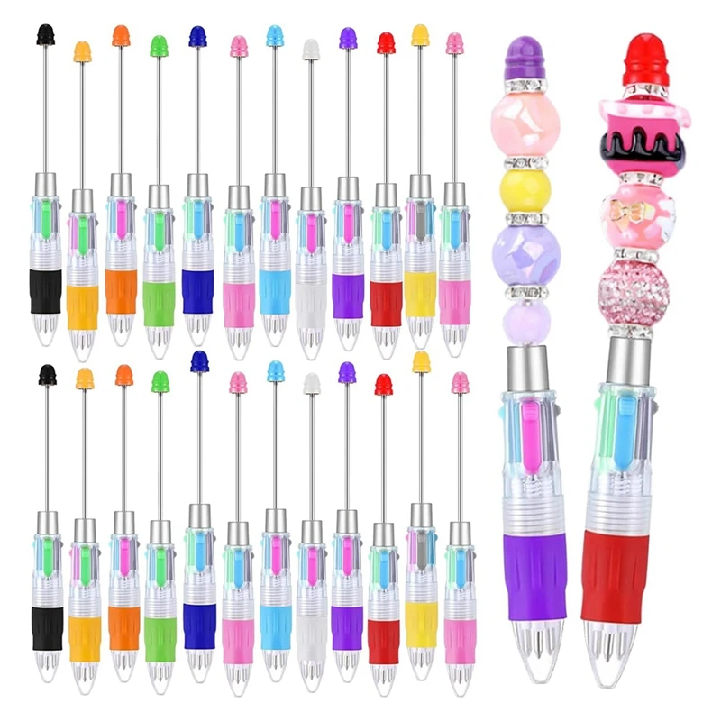 24Pcs Multi-Color Beaded Pens 4-In-1 Colorful Beaded Pens Retractable Ballpoint Pens DIY Making Kit For Office Easy Install