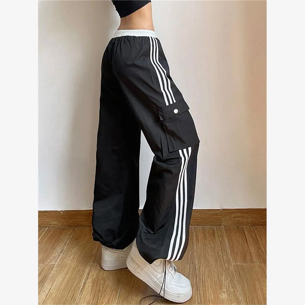 High Waist Hiphop Sport Pants Women's Loose Slimming Jazz Dance Side Stripe Wide Leg Pants Street Sle Casual Trousers