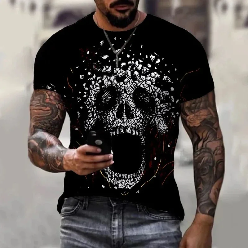 New Men\'s Skull 3D Printed Short Sleeved T-shirt Retro Casual Fashionable Shirt Summer Streetwear Oversized Tops Tee Clothing