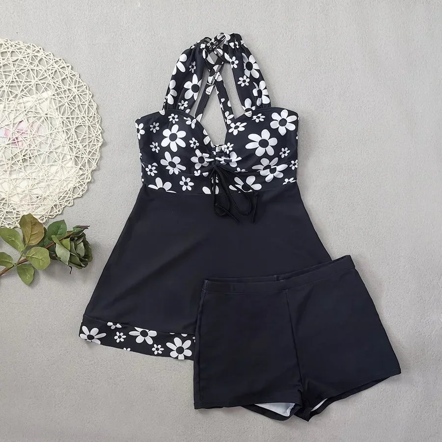 

sexy black sunflower conservative swimsuit two pieces floral print wrinkled mini dress with shorts bikinis padded swimwear