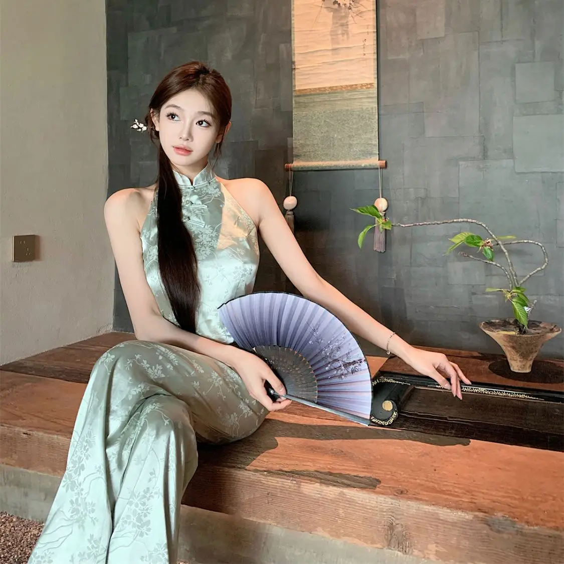 

2025 New Chinese Style 2 Piece Set Women's Summer Sleeveless Cheongsam Top Wide Leg Pants Elegant Outfit