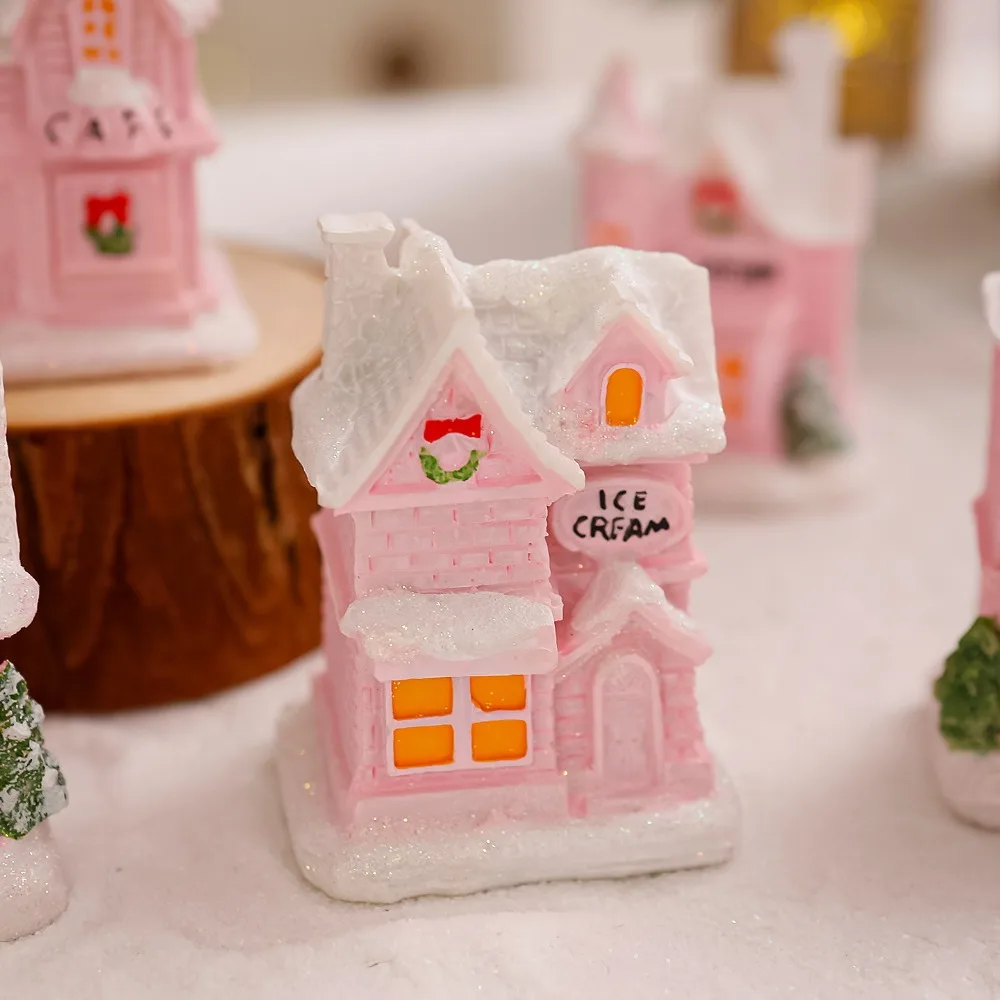 1PC Christmas Ornaments Pink Resin Snow House with LED Lights Christmas Table Ornaments Family Christmas Atmosphere Decoration