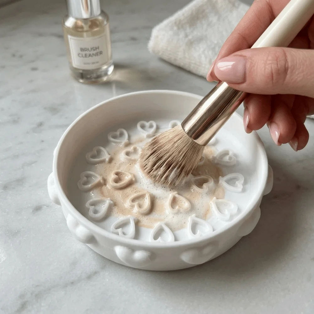 Cute Brush Cleaning Tray Heart Pattern Portable Makeup Brush Cleaner Bowl Cleaning Mat Scrubbing Pad Brush Cleaning Tool