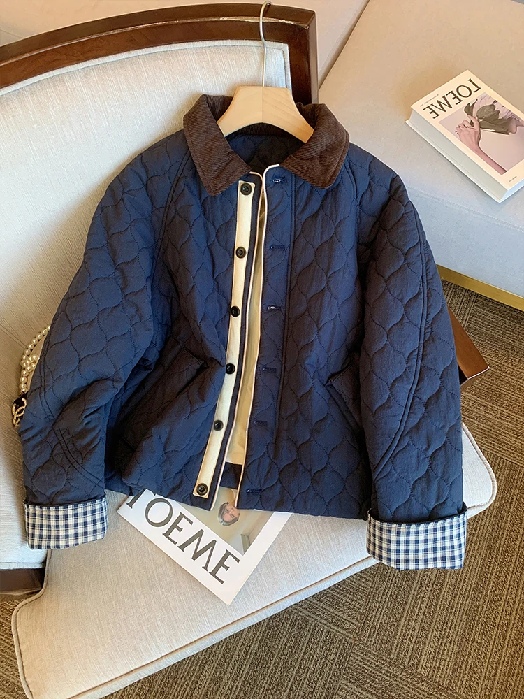 

Ретро-куртка в клетку с цветными вставками и воротником, хлопковая, женская, весенне-осенняя, в корейском стиле, простая, универсальная, теплая, хлопковое пальто