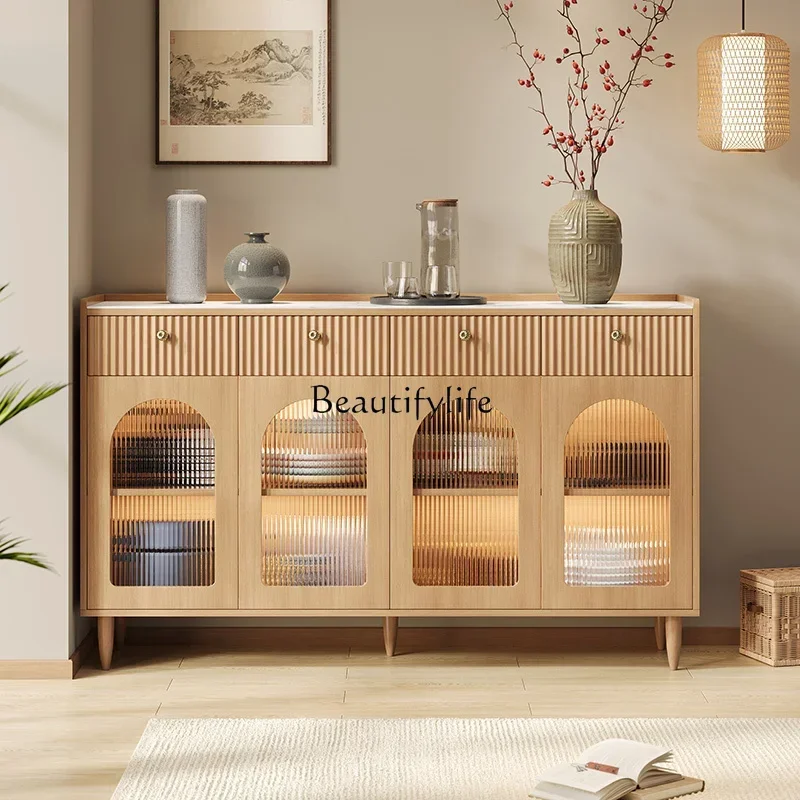 

12Medieval solid wood rock slab dining side cabinet integrated storage storage cabinet against the wallL