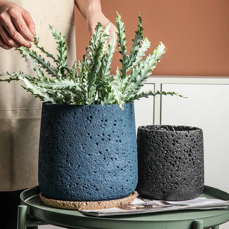

Nordic Cement Flowerpot Personality Creative Imitation Volcanic Stone Breathable Green Plant Pot with Tray Flowerpot Device