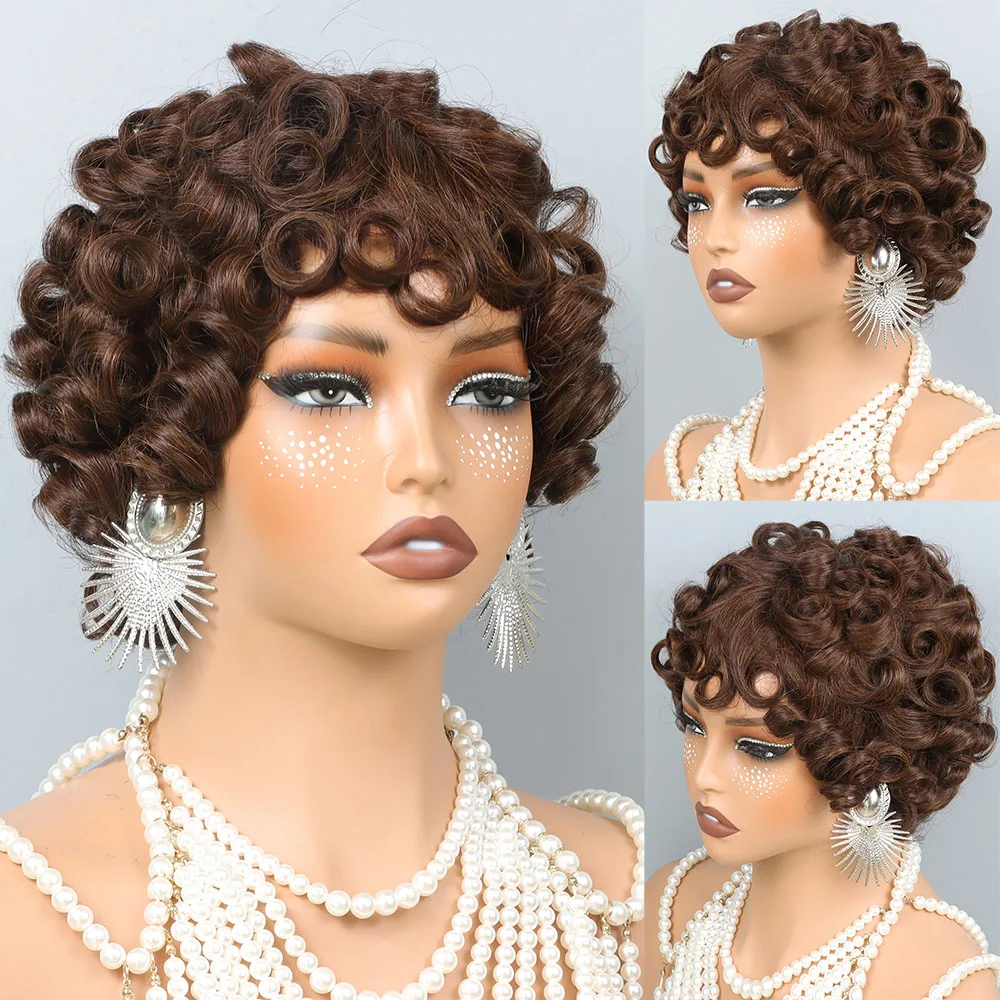 Peruca de Cabelo Humano em Corte Pixie Marrom Chocolate Cor 4 #   Peruca Curta Cacheada Estilo Pixie com Camadas e Franja, Sem Cola, para o Verão
