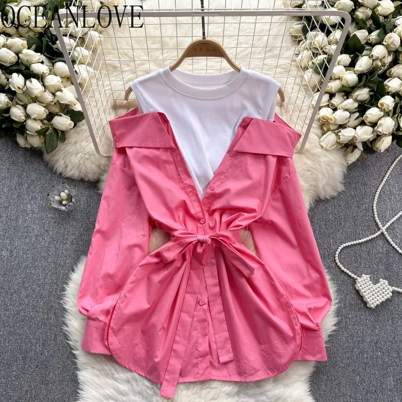 

OCEANLOVE Fake 2 Pieces Women Shirts&blouses Spring Autumn Sweet Patchwork Blusas Mujer Korean Fashion Bows Elegant Camisas