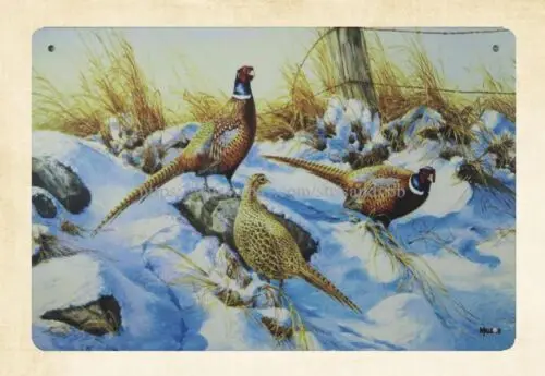 Snowy Pheasants Fence Grass metal tin sign house decoration