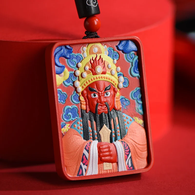 Cinnabar God of Wealth Pendant, Red Sand Painted Wuye Pendant