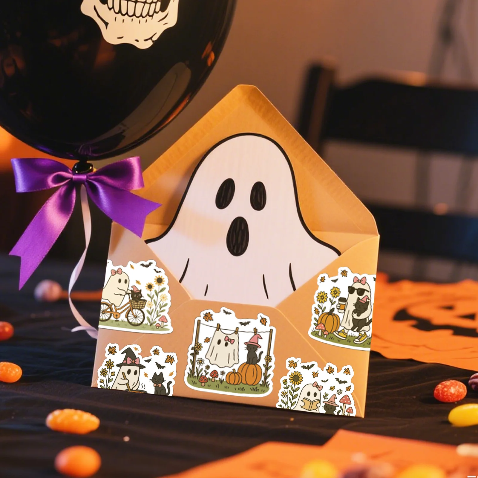 48PCS Cartoon Ghost Flower Sticker Cute Halloween Little Ghost Party Decoration Stickers For Water Bottle Diary Laptop Phone view 3