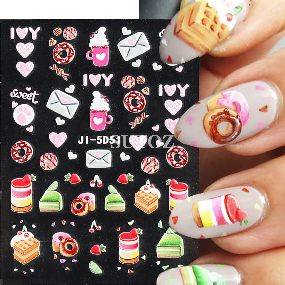 Pegatinas de uñas en relieve de donas rosas 5D, dibujos animados coloridos, pastel de helado, Chocolate, postre, calcomanía artística para uñas, decoración de manicura, LEBJI-5D50