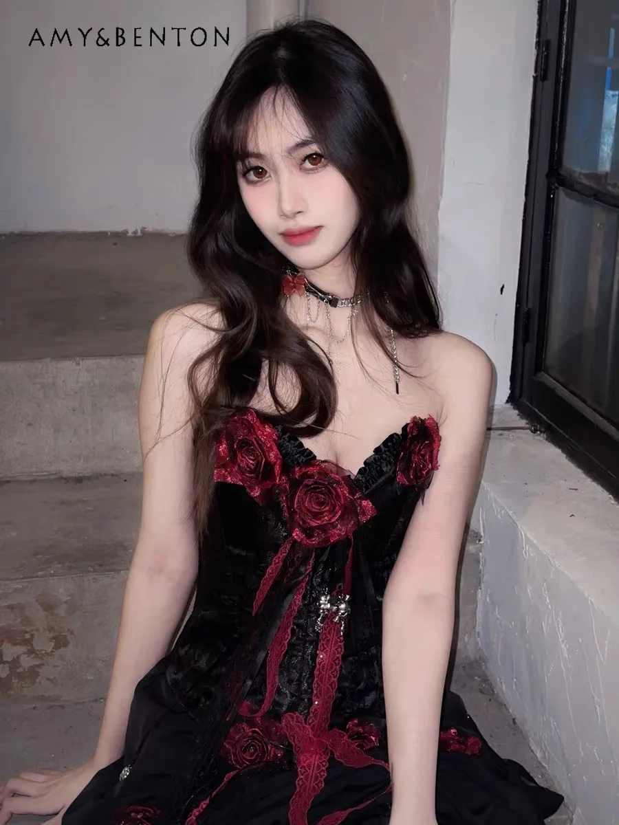 

Лето 2023, новый готический стиль субкультуры, шип, роза, корсет в виде рыбьей кости, топ-труба, нерегулярная длинная полуюбка на шнурке, комплект