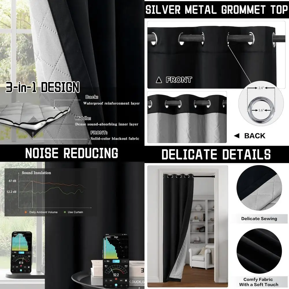 

Трехслойные черные звукоизоляционные шторы: полное затемнение, шумоподавление, теплоизоляция для окон (1 панель, 50x84 дюйма)