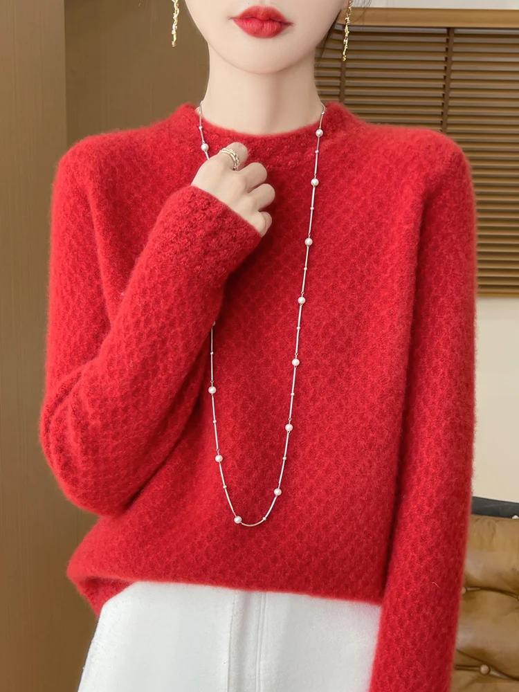 

Women's Wool Sweater Pullover Half- High Neck Casual Knit Tops Autumn Winter Thick Jacket Warm Honeycomb Pattern Pullover Top