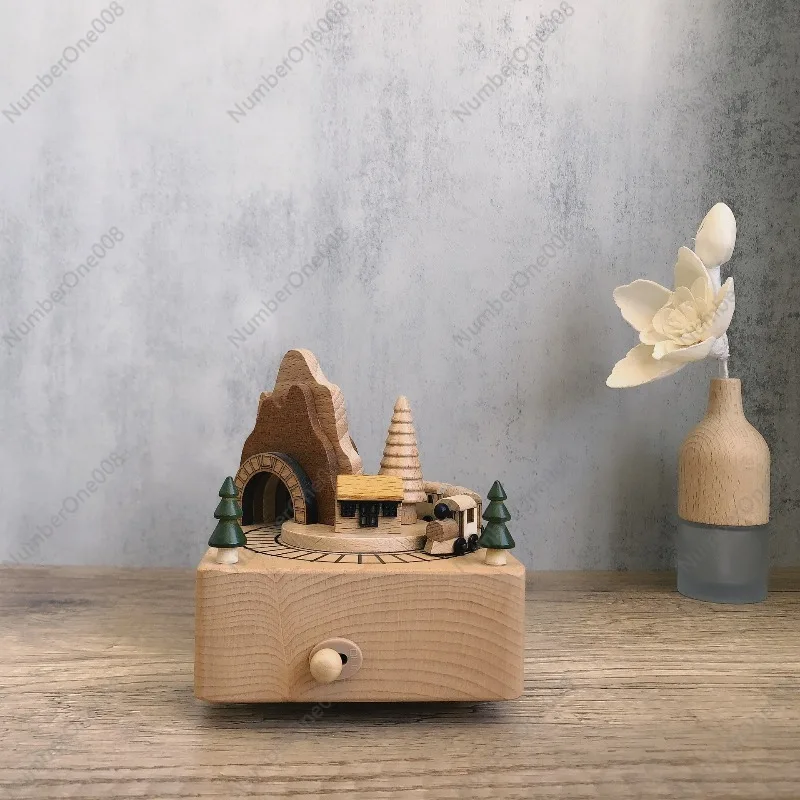 Handmade Wooden Train Music Box Sankyo Movement, Cave Railway Musical Ornament for Home Desk, Collectible Gift All Ages