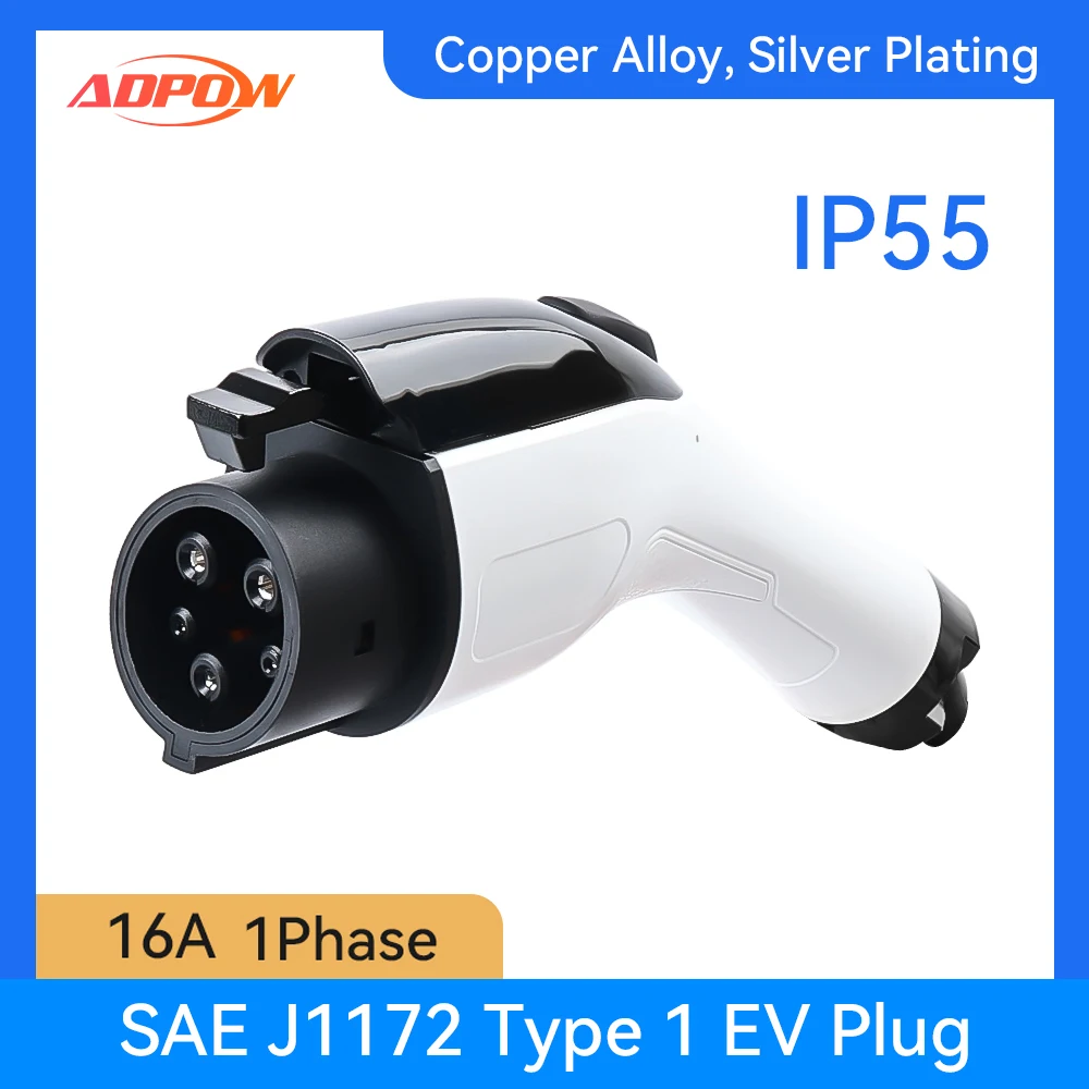 

ADPOW 16A Type1 Вилка зарядного устройства для электромобилей 1 фаза 3,5 кВт SAE J1772 Розетка для зарядки электромобиля Головка пистолета Медь Сплав Серебрение IP55