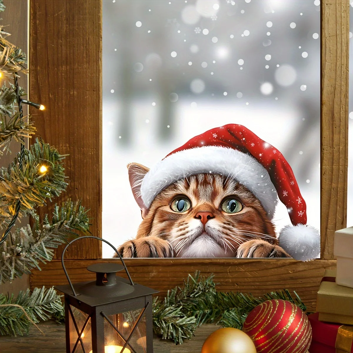 1 x niedliche statische Aufkleber mit Weihnachtskätzchen, Fensterglas, wasserfest, Vinyl-Aufkleber, geeignet für Urlaub, Zuhause und Büro