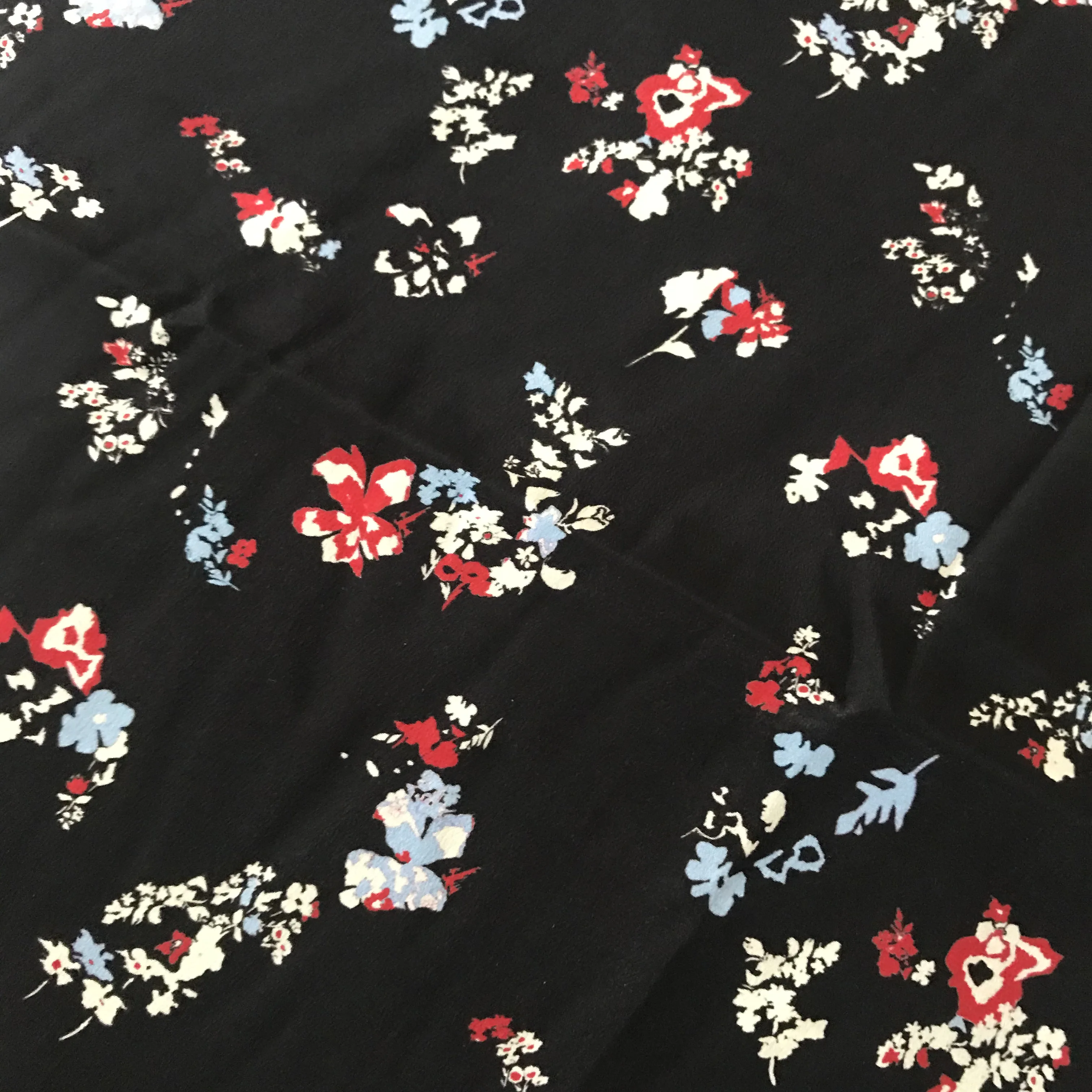 1 meter 100% Mulberry Silk 17 momme Crepe Silk Fabric Black Floral Printed 138cm 54