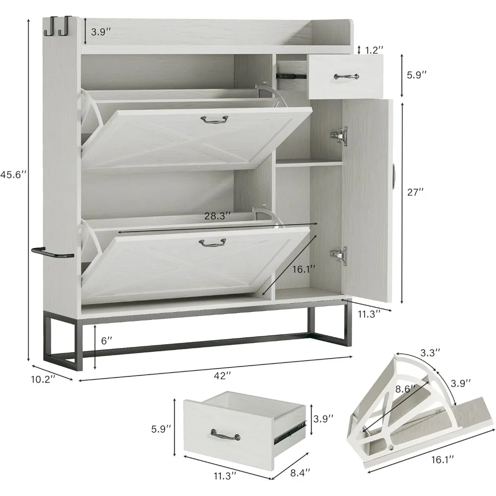 Zapatero con 2 cajones abatibles, gabinetes laterales y estantes ajustables, gabinete de almacenamiento de zapatos con cajón y zapatero montado