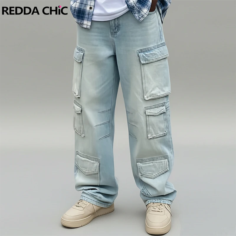 

REDDACHIC мужские джинсы-карго с несколькими карманами, свободные потертые широкие брюки с низкой талией, модная винтажная повседневная одежда на каждый день
