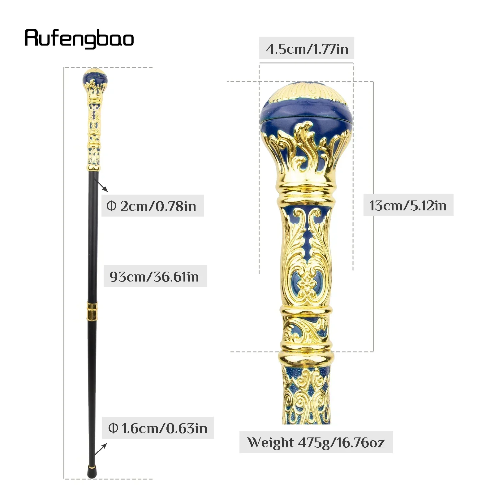 ไม้เท้าทรงกลมหรูหราสีน้ำเงินทอง ด้ามจับทรงแฟชั่น สำหรับงานปาร์ตี้ ไม้เท้าตกแต่ง ไม้เท้าเดินแบบหรูหรา สไตล์ครอสเซียร์ สตีมพังก์ และใช้ในชีวิตประจำวัน ขนาด 93 ซม.